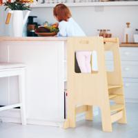 Keukentrapje voor Peuters Kinderkrukje met Activiteitenbord in Hoogte Verstelbaar en Veiligheidsreling Houten Keukenkrukje voor 3-Jarigen