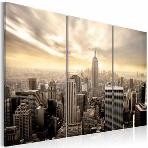 Schilderij - New York City - Prachtige Zonsondergang, Beige, 3luik, premium print
