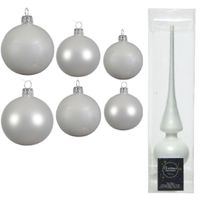 Groot pakket glazen kerstballen 50x winter wit glans/mat 4-6-8 cm met piek glans - thumbnail