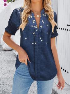 Casual Embroidery Notched Floral Shirt