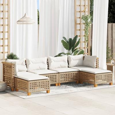 6-delige Loungeset met kussens poly rattan beige