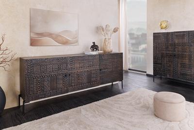 Massief dressoir TRIBAL 180cm antiek bruin mangohout 3D front veel opbergruimte - 45995