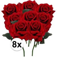 Kunstbloem Roos de luxe - 8x - rood - 30 cm - kunststof steel - decoratie bloemen
