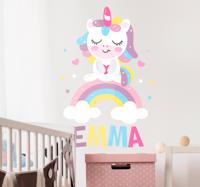 Muurstickers kinderkamer Kleurvolle eenhoorn met naam - thumbnail