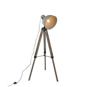 QAZQA Industriële vloerlamp op houten tripod met grijze kap - Laos