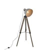 QAZQA Industriële vloerlamp op houten tripod met grijze kap - Laos - thumbnail