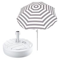 Tuin parasol met voet van 10 liter - grijs/wit strepen - polyester/kunststof - Dia 180 cm Tuin parasol met voet van 10 liter - grijs/wit strepen - polyester/kunststof - Dia 180 cm