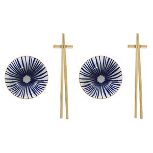 6-delige sushi serveer set aardewerk voor 2 personen blauw/wit