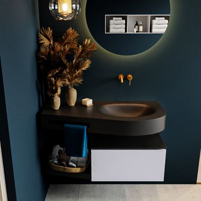 MONDIAZ RIVA 100cm badmeubel onderkast / planchet kleur Cale met 1 lade. Wastafel DULCET rechts 0 kraangaten kleur Urban.