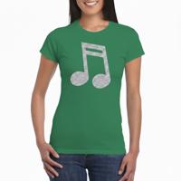 Verkleed t-shirt voor dames - groen - glitter opdruk - zilver - muzieknoot - themafeest