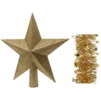 Kerstversiering kunststof glitter ster piek 19 cm en sterren folieslingers pakket goud van 3x stuks - kerstboompieken - thumbnail