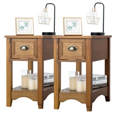 Set van 2 Bijzettafels met Lade en Plank 2 Verdiepingen Sofatafel Smal Nachtkastje Koffietafel 56 x 33 x 58,5 cm Roodbruin/Walnoot/Geelbruin