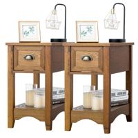 Set van 2 Bijzettafels met Lade en Plank 2 Verdiepingen Sofatafel Smal Nachtkastje Koffietafel 56 x 33 x 58,5 cm Roodbruin/Walnoot/Geelbruin