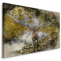 Schilderij - Hert op de uitkijk, 90x60cm. Premium print
