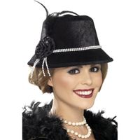Zwart dames hoedje met parels en bloem - thumbnail