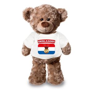 Knuffel teddybeer Geslaagd! wit shirt 24 cm