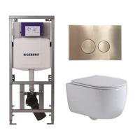 QeramiQ Dely Swirl Toiletset - 36.3x51.7cm - Geberit UP320 Burda inbouwreservoir -slim zitting - geborsteld messing bedieningsplaat - ronde knoppen - wit glans 0701131/SW706200/SW1000766/sw106256