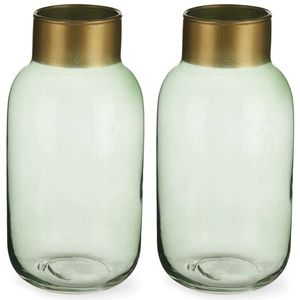 Bloemenvazen 2x stuks - luxe decoratie glas - groen/goud - 14 x 30 cm