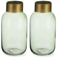 Bloemenvazen 2x stuks - luxe decoratie glas - groen/goud - 14 x 30 cm - thumbnail