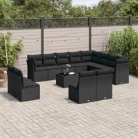 13-delige Loungeset met kussens poly rattan zwart