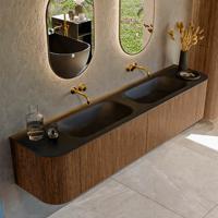 Mondiaz KURVE 200 cm Onderkast Greeploos 2 Lades Met Deuren Walnut, Wastafel Solid Surface Dubbel Urban 0 Kraangaten Zonder Spiegel (KRVBGS200L+R2L2D0KD-Wal/Urb)