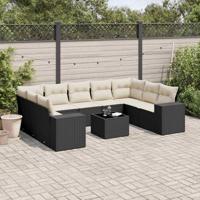 10-delige Loungeset met kussens poly rattan zwart