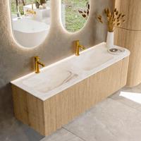 Badmeubel Mondiaz Kurve-Dlux | 145 cm | Meubelkleur Oak | Wastafelkleur Frappe | Solid surface | Dubbele spoelbak | 2 kraangaten