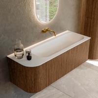 Mondiaz KURVE 125 cm Onderkast Greeploos 1 Lade Met Deuren Walnut, Wastafel Solid Surface Rechts Talc 0 Kraangaten Zonder Spiegel (KRVBGM125L1L1D0KR-Wal/Tal)