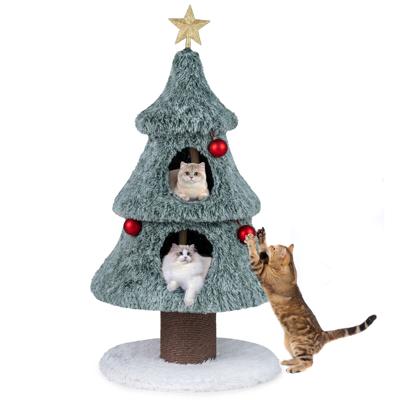 Kerstkattenboom voor Binnenkatten 123 cm Schattige Kattentoren met 2 Grote Hutjes Krabpaal