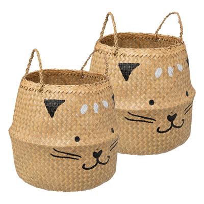 Speelgoed Opbergmand - 2x - Kat - met handgreep - riet - opvouwbaar - 37 x 37 x 38 cm