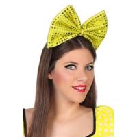 Verkleed diadeem dames/meiden - grote gele strik - kunststof - met pailletten Verkleed diadeem dames/meiden - grote gele strik - kunststof - met pailletten