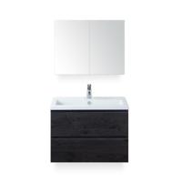 Vogue Badmeubelset 80 cm - Greeplijst in kleur - Black Oak - Keramische Wastafel Wit 1 kraangat - met Spiegelkast