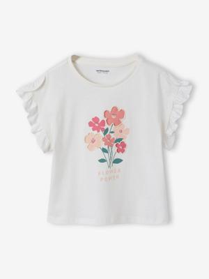 T-shirt voor meisjes met romantisch motief, korte mouwen met ruches ecru
