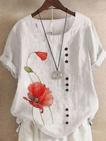 Crew Neck Floral Casual Cotton Buttoned Shirt - thumbnail