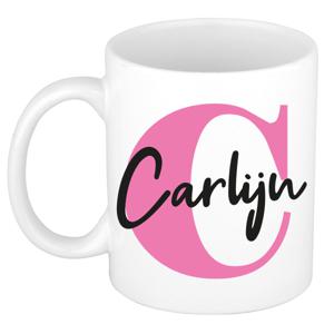 Naam mok Carlijn - roze - wit - keramiek - 300 ml - verjaardag/cadeau beker