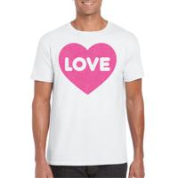 Bellatio Decorations Gay Pride T-shirt voor heren - liefde/love - wit - roze glitter hart - LHBTI 2XL  -