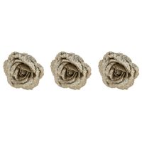 6x stuks decoratie bloemen roos champagne glitter op clip 18 cm - thumbnail