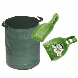 Groene tuinafvalzak opvouwbaar 120 liter met een setje bladharken/tuinafval grijpers