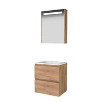 Basic-Line Premium 46 Badkamermeubelset - 60 x 46 cm - Greeploos - 2 Lades - Acryl Wastafel - Zonder Kraangat - Spiegelkast met LED Verlichting - Whisky Oak