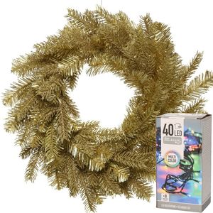 Kerstkrans goud glitter 50 cm incl. verlichting gekleurd 4m