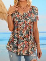 Holiday gradient flower half open button loose pleated top T-shirt tunic - thumbnail