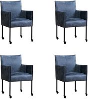 Set van 4 Blauwe leren moderne kuipstoel More - poot rond zwart met wiel - Kenia Leer Denim (blauw leer)