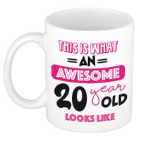 Verjaardag cadeau mok 20 jaar - roze - grappige tekst - 300 ml - keramiek