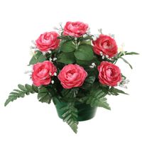 Louis Maes Kunstbloemen plantje in pot - roze - 25 cm - Bloemstuk ornament - rozen met bladgroen   - - thumbnail
