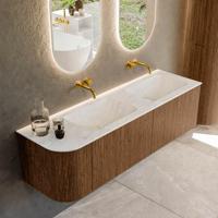 Mondiaz KURVE-DLUX 155 cm Onderkast Greeploos 2 Lades Met Deuren Walnut, Wastafel Solid Surface Rechts Opalo 0 Kraangaten Zonder Spiegel (KRVLEA155L2L1D0KD-Wal/Opa)
