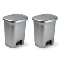 Plasticforte Pedaalemmer - Set van 2x stuks - 8L - zilverkleurig - kunststof - 25 x 21 x 30 cm