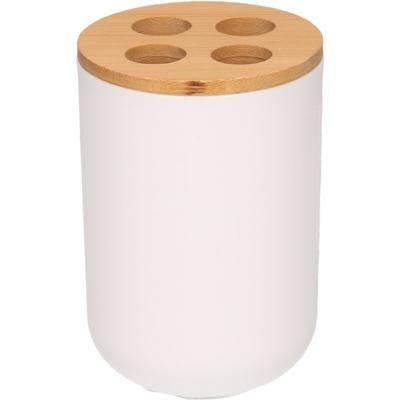 Badkamer tandenborstelhouder - wit - met bamboe - 7 x H11 cm