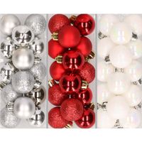 42x stuks kleine kunststof kerstballen rood, wit en zilver 3 cm   -