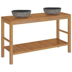 The Living Store Badkamermeubel Teakhout - Wastafelkast met 2 Rivierstenen Wastafels - 132x45x75cm