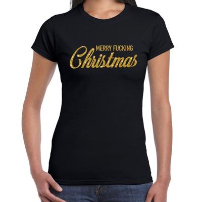 Foute kersttrui t-shirt - voor dames - zwart met gouden glitters - Merry Fucking Christmas